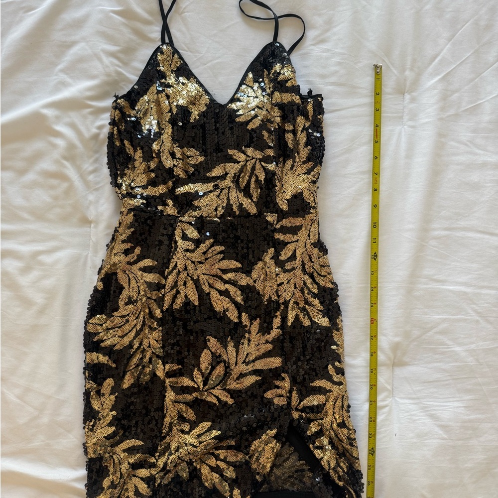Papaya Black and Gold Leaf Sequin Mini Dress